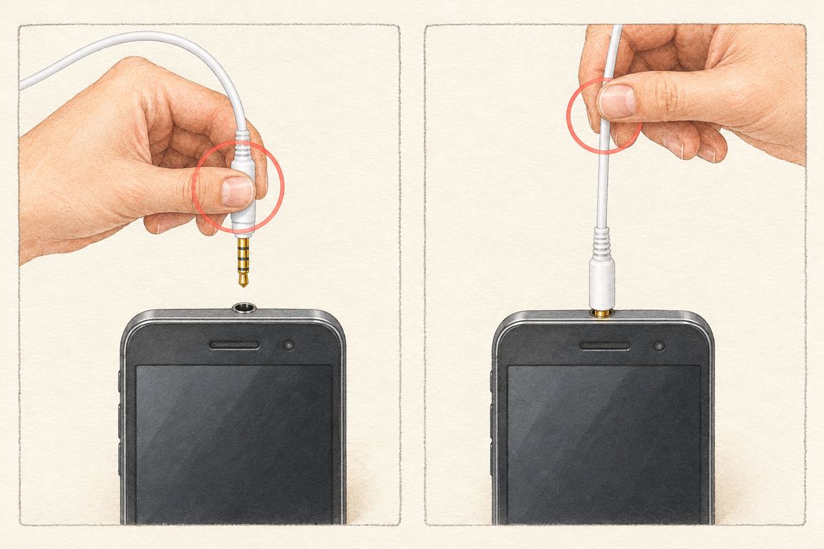 Two-panel illustration of unplugging headphones from a phone: left, fingers hold the solid plug body; right, fingers pull on the thin cable