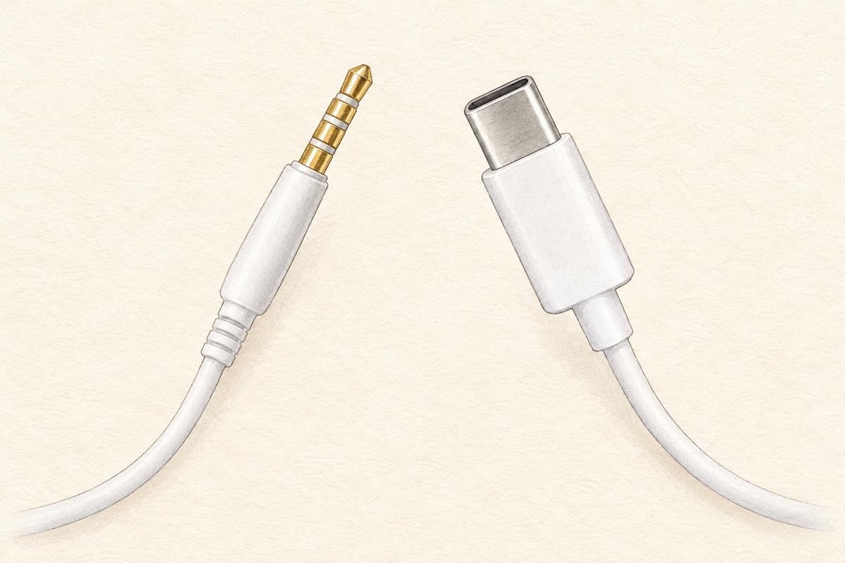 Illustrated comparison of a round 3.5 mm plug and a rounded rectangular USB-C plug