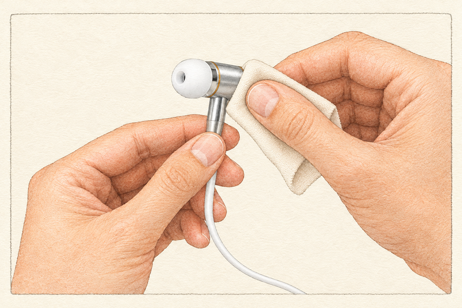 Hands wiping the metal earpiece of unplugged 3.5 mm Atmosure headphones with a soft dry cloth